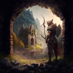 ranger archer fantasy landscape with warrior art generatif AI