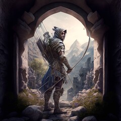 ranger archer fantasy landscape with warrior art generatif AI