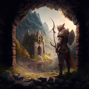 Ranger Archer Fantasy Landscape With Warrior Art Generatif AI