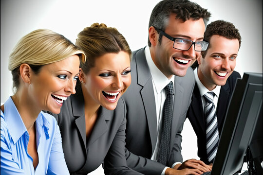group of business people working together in an office, smiling, looking at laptop