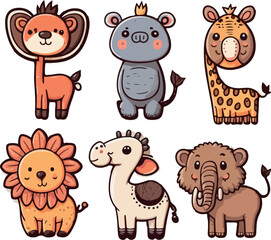 Set of stickers with baby animals. Illustration in cartoon style. Cute jungle animals set