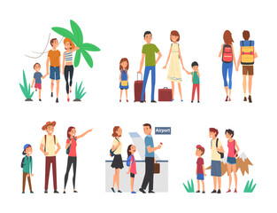 Fototapeta premium Family Vacation with Parents and Kids Travelling Together Vector Set