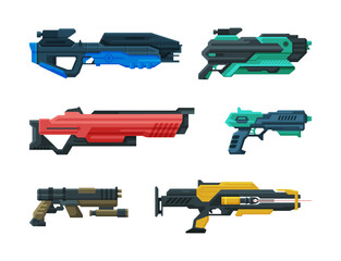 Futuristic Weapons, Blaster and Gun with Laser Vector Set - obrazy, fototapety, plakaty