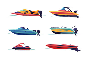 Motorboat or Speedboat as Watercraft or Swimming Water Vessel Vector Set