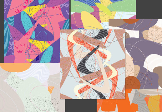 Seamless Pattern Set with Organic Grunge Textured Overlapping Oval Wavy Shapes and Lines