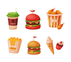 Fast Food Meal and Dinner with Coffee Cup, Hamburger, Chicken Legs Bucket, French Fries and Ice Cream Vector Set