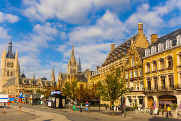 Summer landscape of city streets in Ieper with a view of residential buildings, Belgium