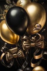 A Celebration of Black and Gold: A Bunch of Balloons with a Bow, Carbon Black, Antique Gold, and Golden Ribbons