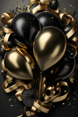 A Bunch of Black and Gold Balloons on a Black Background: A Visual Masterpiece of Color Scheme, Ribbons and Fluid