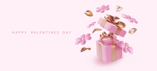 Valentine's day design template about 14 February. Realistic rose flower and boxes. Romantic background
