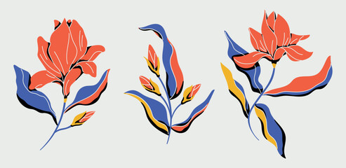 set of graphic magnolia flowers with hard dark shadows. Hand drawn vector illustration