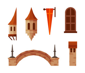 Medieval Castle Elements with Pennant, Window, Tower and Bridge Vector Set