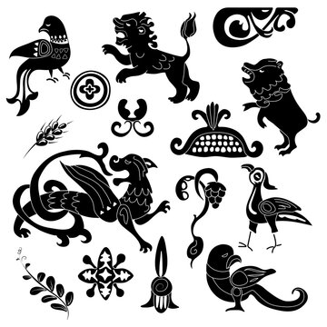 Black and white images of Old Slavic mythical animals and plants. Set of blanks for minimalist folk ornaments.