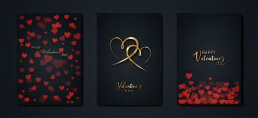 Fototapeta Happy Valentines day vector set greeting card. Gold red hearts on black background. Golden holiday poster with text, jewels. Concept for Valentines banner, flyer, party invitation, jewelry gift shop obraz
