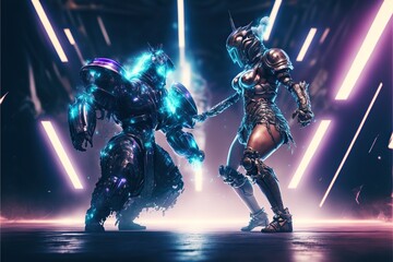 Obraz na płótnie Canvas Neon Cyborg Gladiators in Futuristic High-Tech Arena Deathmatch. Generative AI.