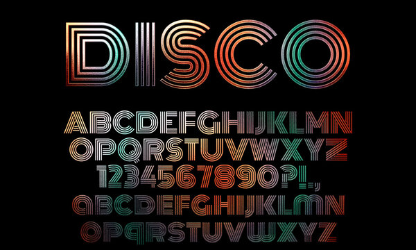 Multicolor disco alphabet letter set and numbers, retro style font design, 80s 90s sparkling line abc for poster, banner, website etc. 