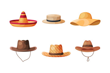 Wide Brimmed Hat of Different Color Vector Set