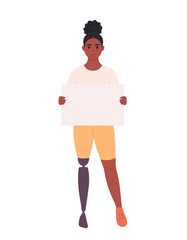 Young black woman with prosthetic leg holding clean empty banner or placard. Activism, social movement. Democracy, rally and protest. Person with physical disability. Vector illustration in flat style
