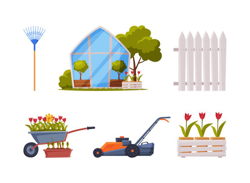 Garden with Greenhouse, Flowerbed, Mowing Machine, Fence and Rake Vector Set