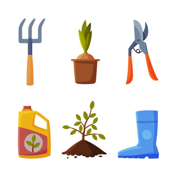 Garden with Seedling, Rubber Boot, Pruner, Fork, Plant and Fertilizer Vector Set