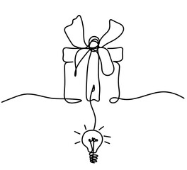 Abstract present box and light bulb as continuous line drawing on white background. Vector