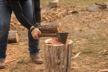 person chopping wood with an axe with blurred background 