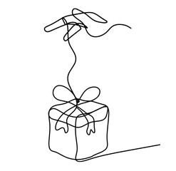 Abstract present box and hand as continuous line drawing on white background. Vector