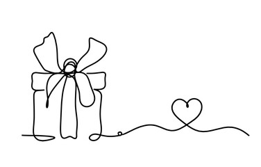 Abstract present box and heart as continuous line drawing on white background. Vector