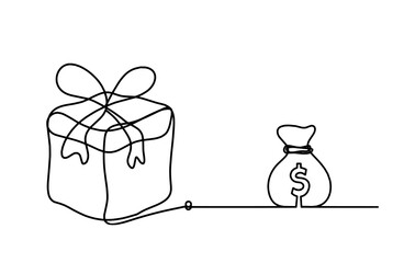 Abstract present box and dollar as continuous line drawing on white background. Vector