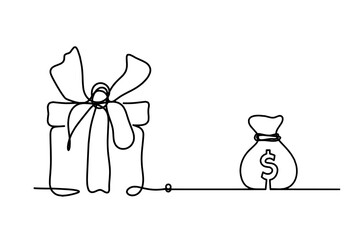 Abstract present box and dollar as continuous line drawing on white background. Vector