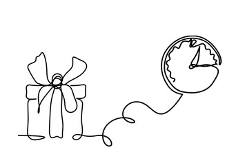 Abstract present box and clock as continuous line drawing on white background. Vector