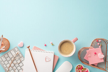 8-march concept. Top view photo of keyboard planners pen heart shaped stationery holder pushpins sticky note paper spectacles and cup of coffee on isolated pastel blue background with empty space