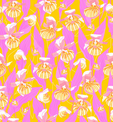 Orchid seamless vector repeat exotic pattern. Beautiful tropical texture illustration for card, fabric, wallpaper or wrapping paper. Summer botanical background