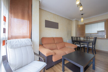 Apartment with a small living room with a serving hatch to the kitchen and black cabinets