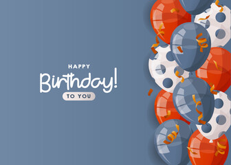 Birthday blue card with shiny balloons, confetti, handwritten lettering. Birthday party, celebration, holiday, event, festive, congratulations. Banner, flyer, postcard, cover template. Cartoon vector