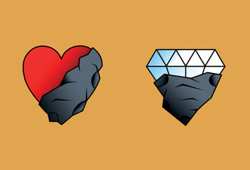 illustration of a heart and diamond covered with stone