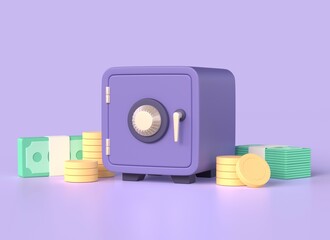 3d safe, gold coins and packs of dollars in cartoon style. the concept of safe storage of money, bank deposit. illustration isolated on purple background. 3d rendering