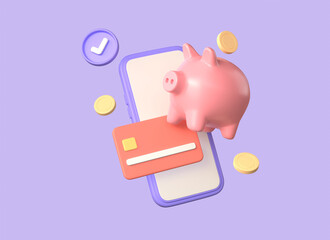 3d pink piggy bank, gold coins, credit card and mobile phone. Mobile banking and online payments. Money saving wealth and financial business concept. 3d rendering