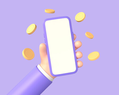 3d businessman hand holding mobile phone and golden coins around. mobile banking, online payments. illustration isolated on purple background. 3d rendering