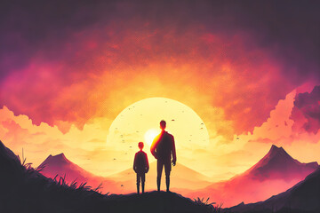A Father And His Son, Enjoying A Breathtaking Sunset Over The Mountains. Generative AI Illustration