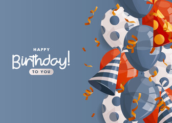 Naklejka premium Birthday blue horizontal promo banner with red, blue shiny balloons, caps, confetti. Birthday party, celebration, holiday, event, festive concept. Banner, flyer, advertising. discount. Cartoon vector