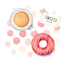 Hand draw watercolor illustration of donut and tea isolated on the white background.
