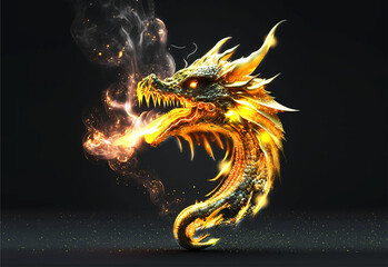 luxury dragon golden of fire comes from aburning 3D illustration futuristic. generative ai