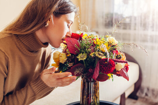 Woman Smells Fall Bouquet Made Of Red Yellow Orange Flowers Arranged In Vase At Home. Fresh Blooms In Autumn Colors