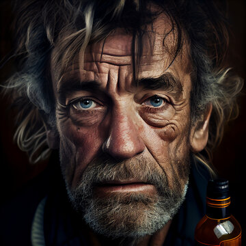 Man drinking alcohol beverage face with wrinkles generative ai