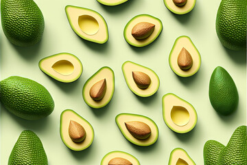 Hass avocado halves, background wallpaper, pattern of many bright avocados on a green background. This beautiful green fruit with a large pit wall paper was created with generative ai art. - obrazy, fototapety, plakaty