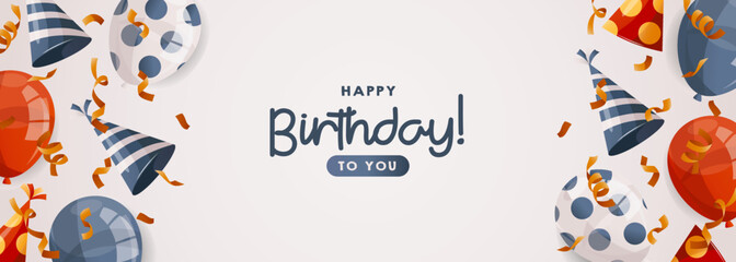 Birthday white horizontal promo banner with red, blue shiny balloons, caps, confetti. Birthday party, celebration, holiday, event, festive concept. Banner, flyer, advertising. discount. Cartoon vector