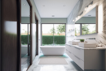 Modern bathroom interior design, Luxury yet minimalist clean, bright and hygienic spacious bathroom with shower, toilets, mirrors, bathtub and natural green plant in a hotel, apartment, or house.