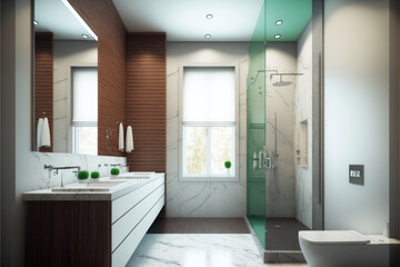 Fototapeta na wymiar Modern bathroom interior design, Luxury yet minimalist clean, bright and hygienic spacious bathroom with shower, toilets, mirrors, bathtub and natural green plant in a hotel, apartment, or house.