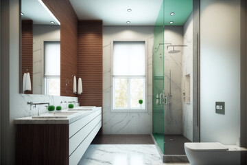 Modern bathroom interior design, Luxury yet minimalist clean, bright and hygienic spacious bathroom with shower, toilets, mirrors, bathtub and natural green plant in a hotel, apartment, or house.